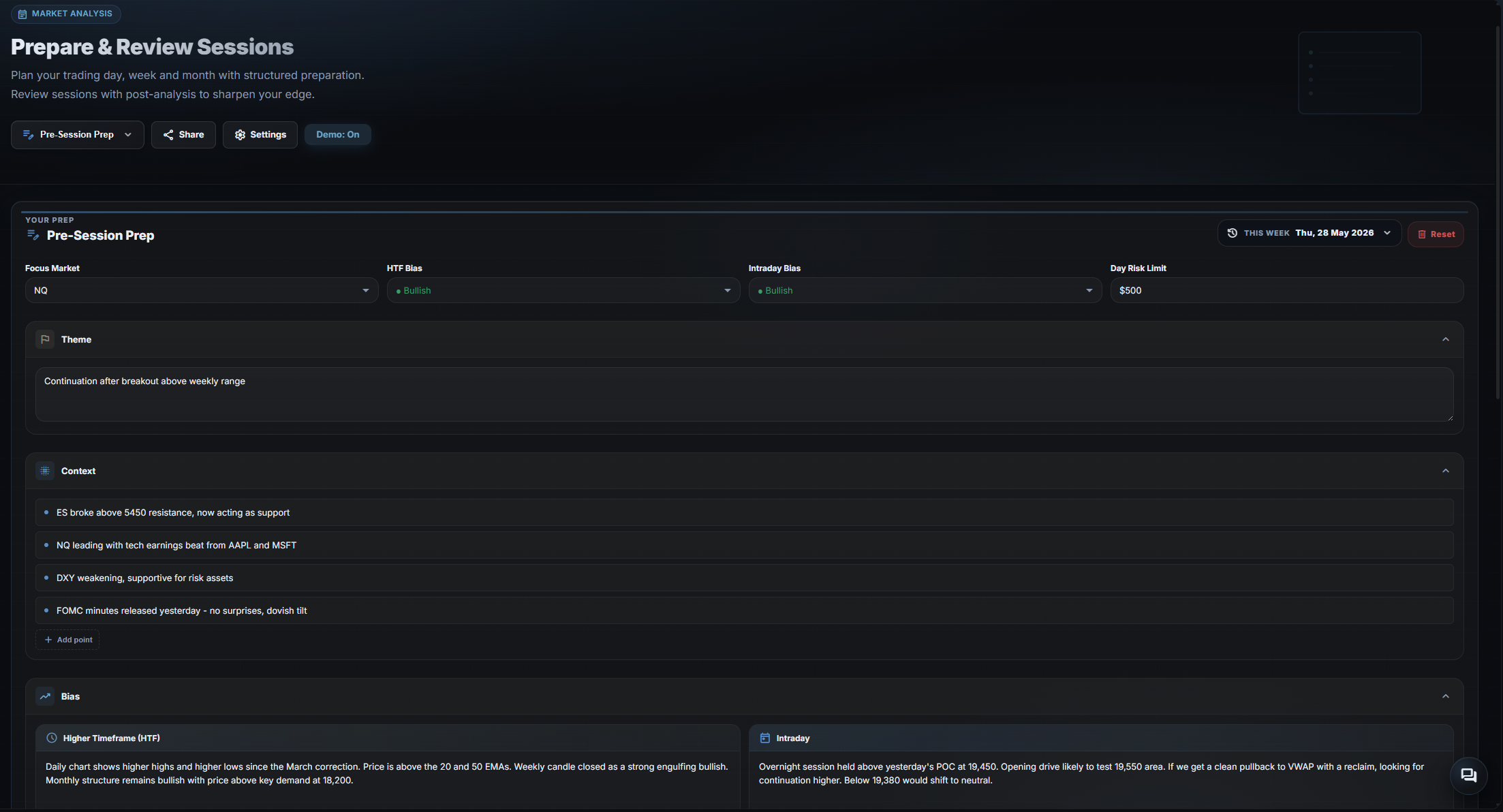Trarity market preparation page for forex trade tracking